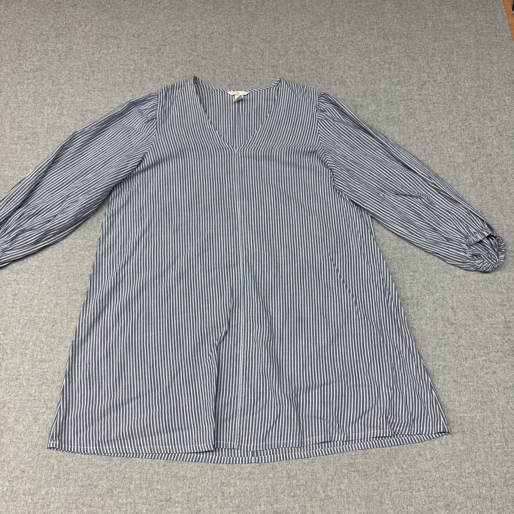 H&M Tunic Top Size L Blue White Striped V-Neck Puff Sleeve Cotton Blend Blouse